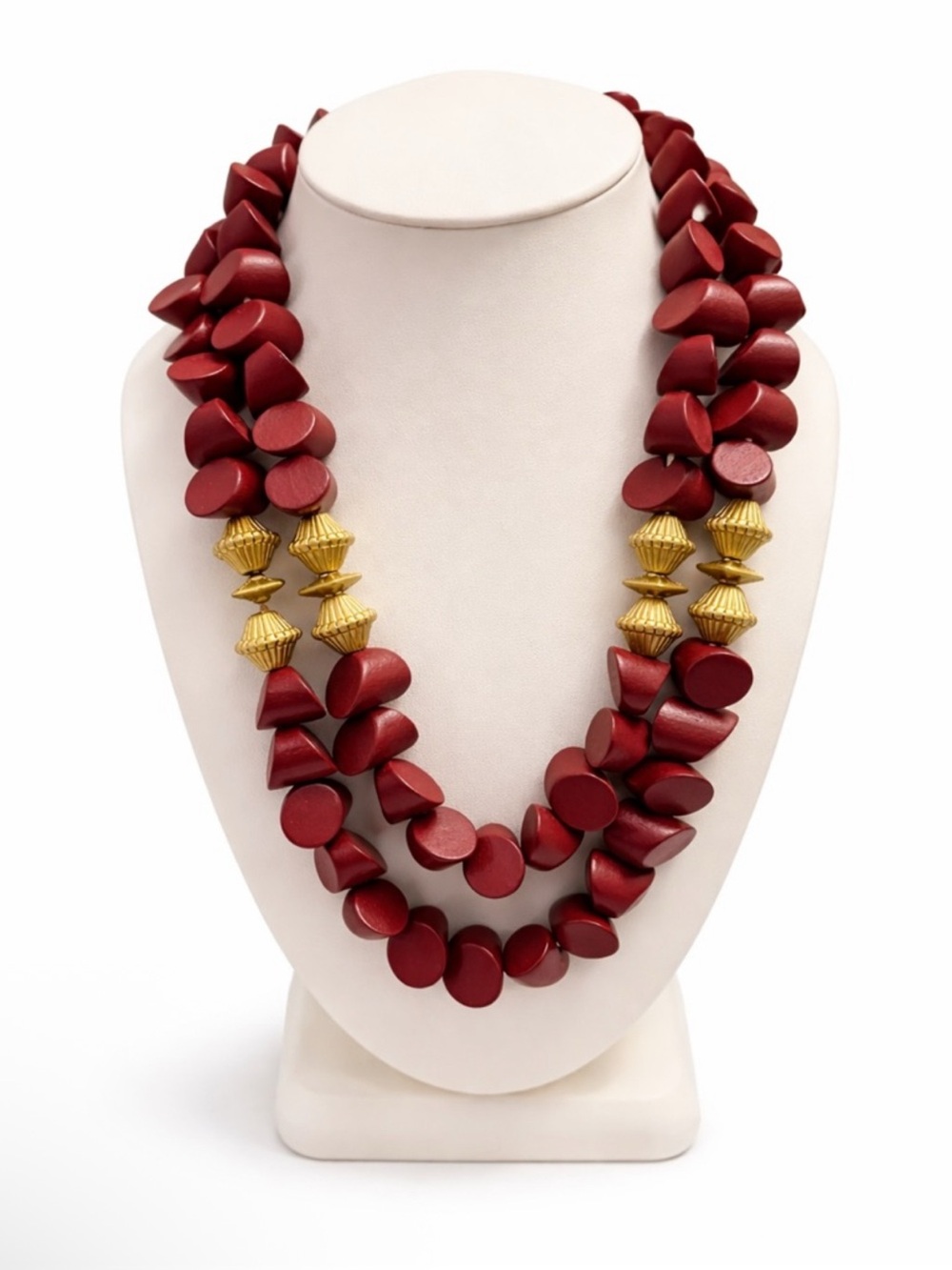 Burgundy Wood Bead Statement Necklace with Gold Accent Beads NEW